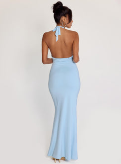 back view of model wearing Princess Polly No Hard Feelings Twist Maxi Dress Blue Plunger 