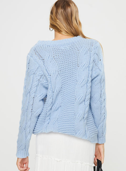 back view of model wearing Princess Polly Ellison Cable Knit Sweater Light Blue Long 