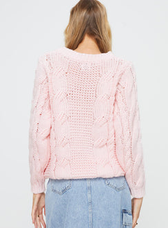back view of model wearing Princess Polly Ellison Cable Knit Sweater Blush Pink Long 
