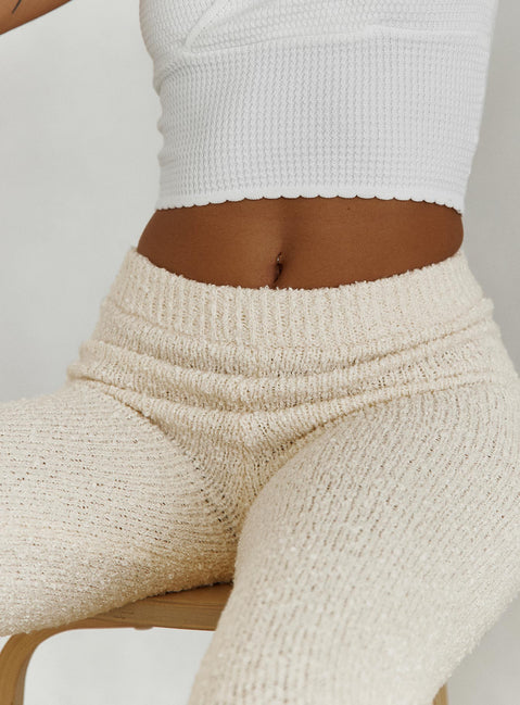side view of model wearing Princess Polly Night In Boucle Pants Cream High Waisted Pants 