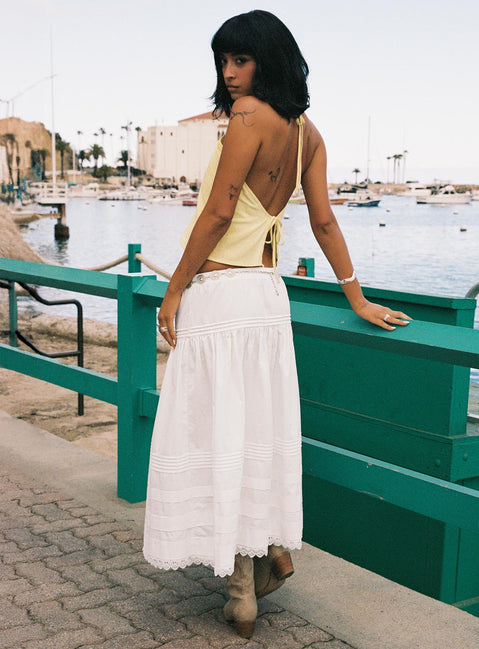 back view of model wearing Princess Polly Calling For You Flowy Maxi Skirt White Maxi 
