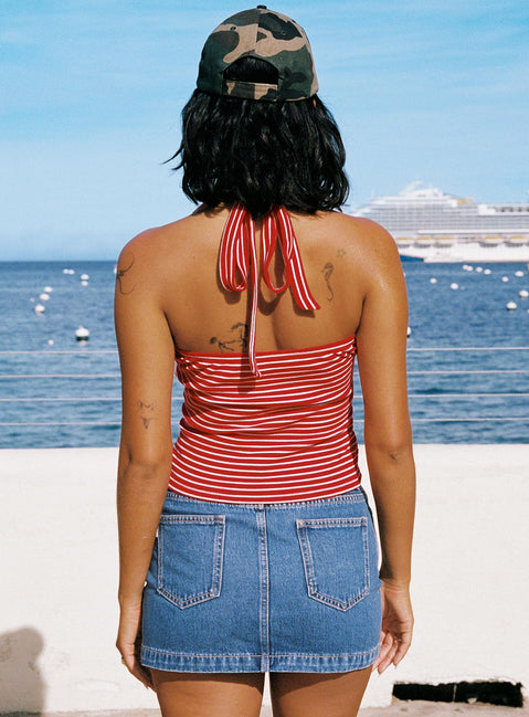 back view of model wearing Princess Polly Chameleon Halter Top Red Stripe Sleeveless V-Neck 