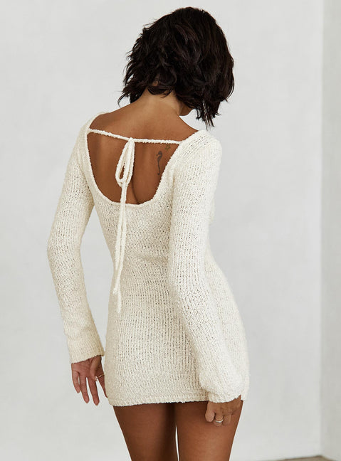 back view of model wearing Princess Polly Cosy Up Long Sleeve Boucle Mini Dress Cream 
