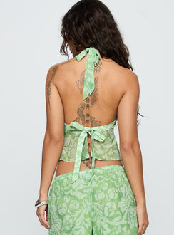 back view of model wearing Princess Polly Finesse Halter Top Green Floral Sleeveless Square Neck 