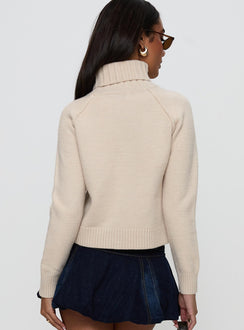 back view of model wearing Princess Polly Enrica Funnel Neck Knit Sweater Cream Cropped 
