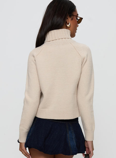 back view of model wearing Princess Polly Enrica Funnel Neck Knit Sweater Cream Cropped 