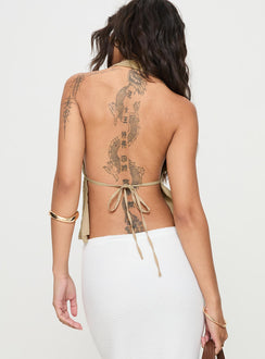 back view of model wearing Princess Polly Zachariah Halter Top Brown Sleeveless Plunger 