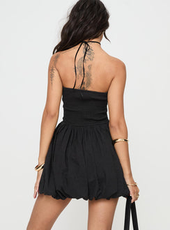 back view of model wearing Princess Polly Serenele Strapless Bubble Hem Mini Dress Black Straight Neck 
