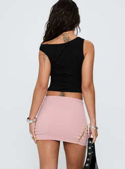 back view of model wearing Princess Polly Dupont Mini Skirt Blush Pink Mini Skirts 