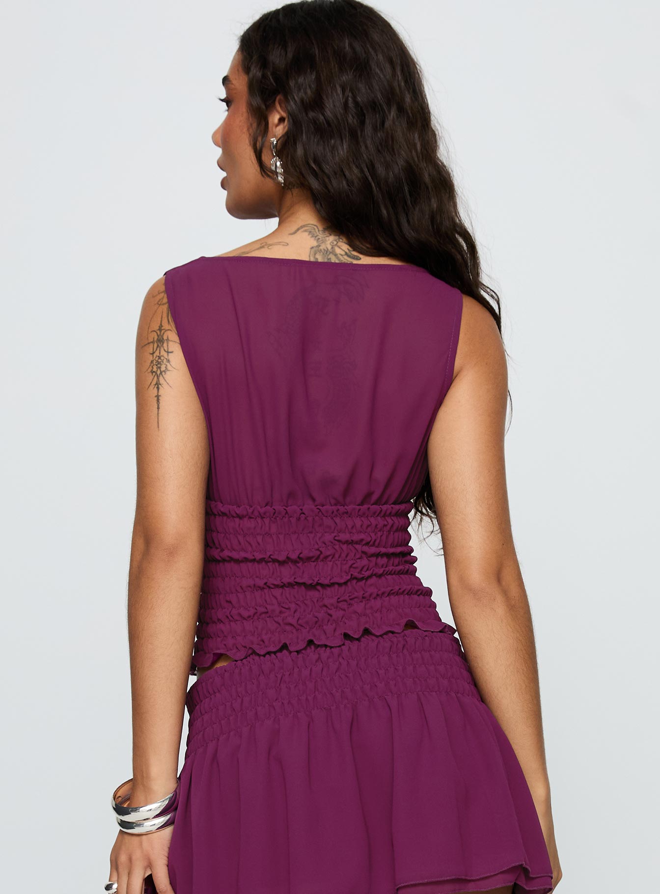 back view of model wearing Princess Polly I Belong Shirred Top Wine Sleeveless Cowl 