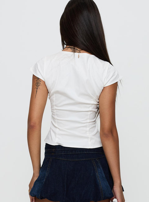 back view of model wearing Princess Polly Indulgence Corset Top White Short Sleeves V-Neck 