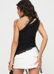 One shoulder top Ruffle design, cut out detail, invisible zip fastening at side, asymmetric hem
