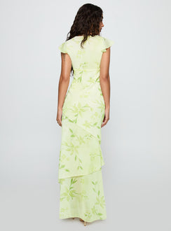 back view of model wearing Princess Polly Been Away Frill Maxi Dress Green Multi Plunger 