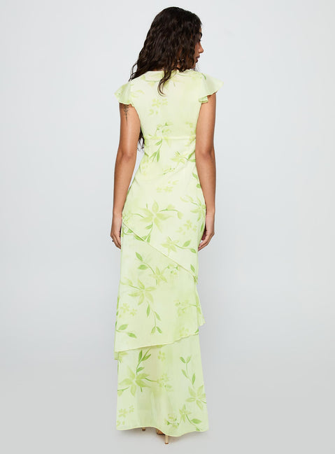 back view of model wearing Princess Polly Been Away Frill Maxi Dress Green Multi Plunger 