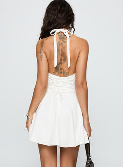 back view of model wearing Princess Polly Out Of Nowhere Halter Mini Dress White Plunger 