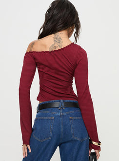 Opulent One Shoulder Top Maroon Full Sleeves Asymmetric Neckline 