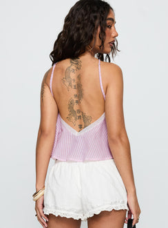 back view of model wearing Princess Polly Jezabele Halter Top Pink Stripe Sleeveless Asymmetric Neckline 