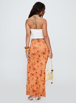 back view of model wearing Princess Polly Shepherd Maxi Skirt Orange Multi Maxi 