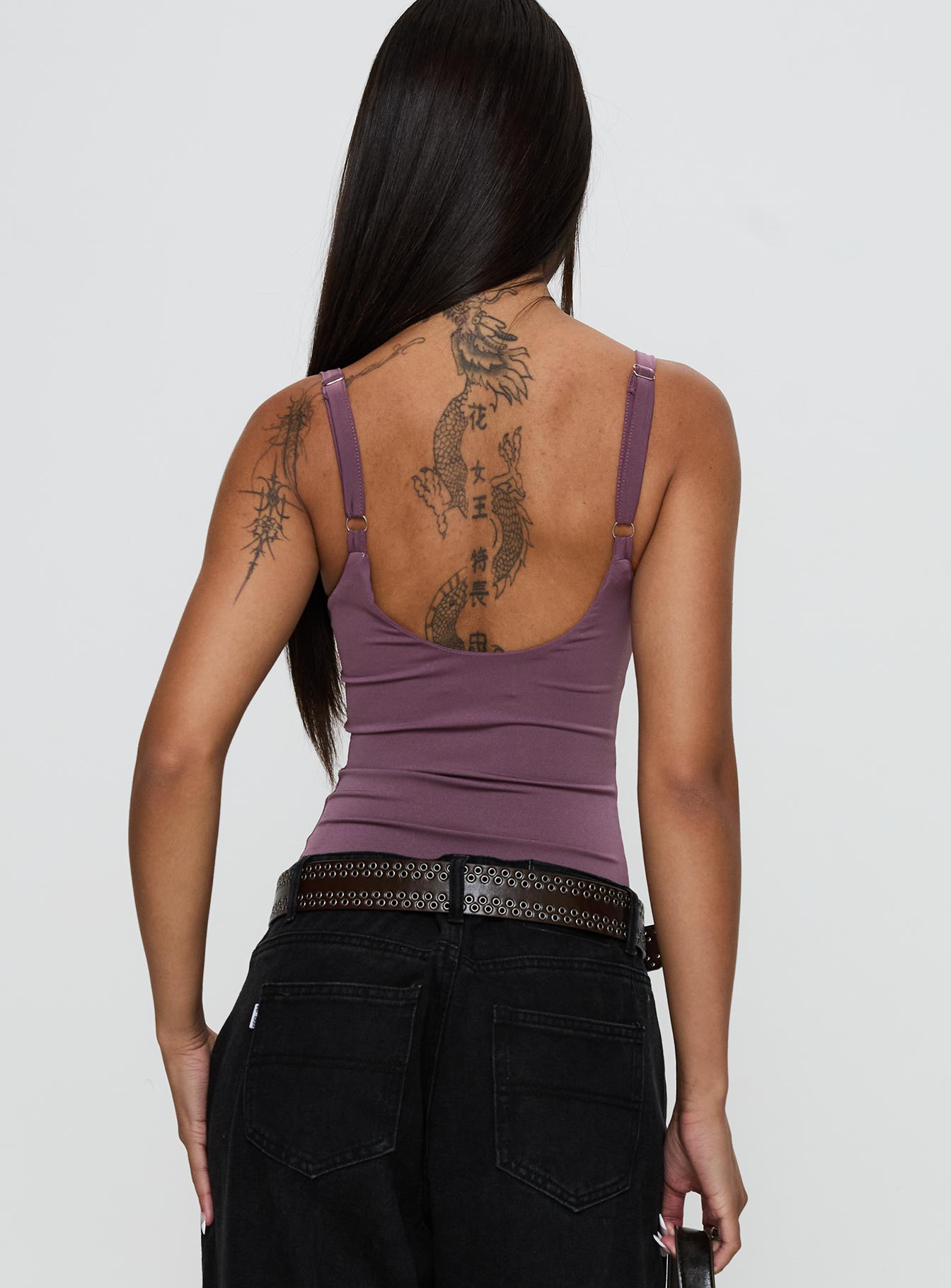 back view of model wearing Princess Polly Off Stage Bodysuit Purple Sleeveless 
