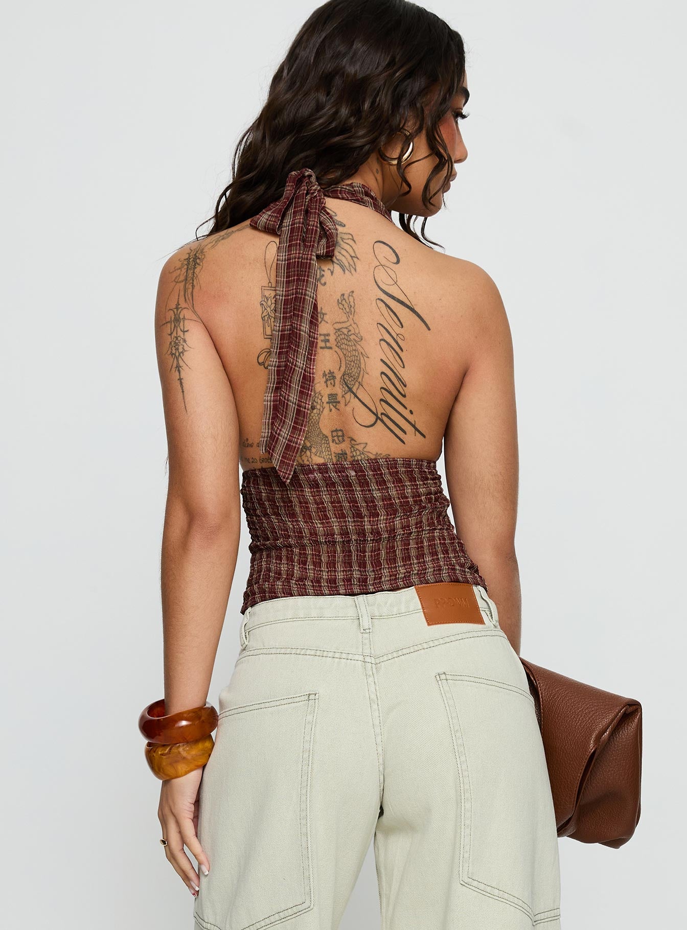 Kendia Plunge Halter Top Red Check