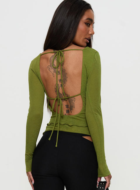 back view of model wearing Princess Polly I Know You Backless Long Sleeve Top Green Full Sleeves Boat Neck 