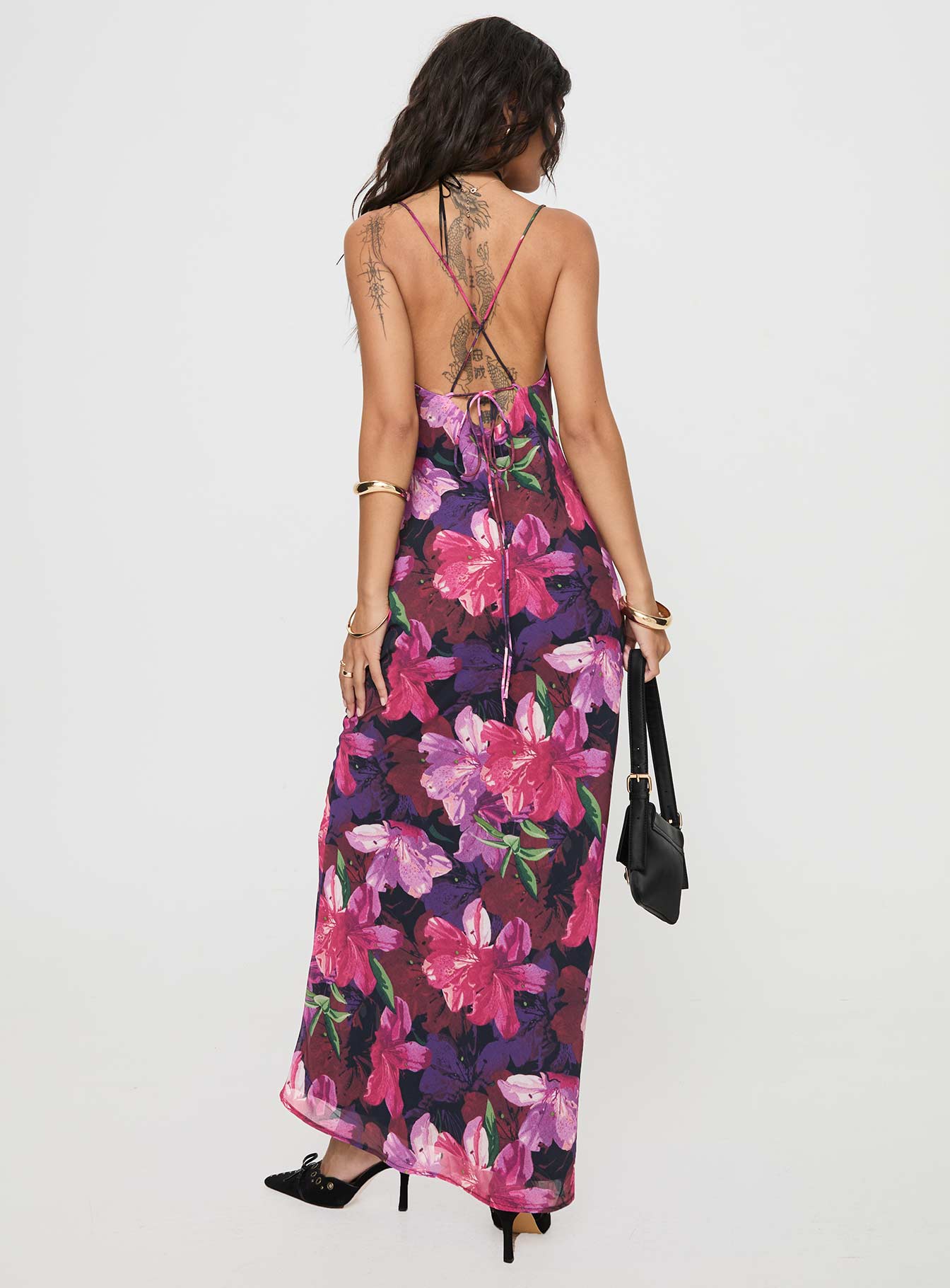 back view of model wearing Princess Polly Salvador Maxi Dress Floral Cowl Neck 