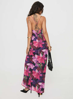 back view of model wearing Princess Polly Salvador Maxi Dress Floral Cowl Neck 