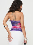 Purple Strapless top Mesh material, inner silicone strip at bust, floral print, pinched bust