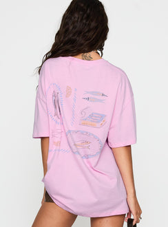 back view of model wearing Princess Polly Sardines Please Oversized Tee Pink Half Sleeves Crew Neck 
