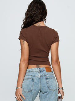 back view of model wearing Princess Polly Baseline Scoop Rib Tee Chocolate Short Sleeves Crew Neck 