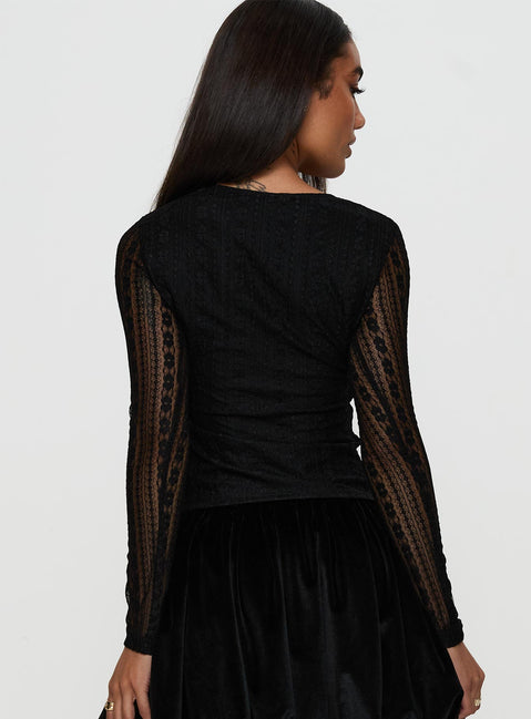 back view of model wearing Princess Polly Worth My Time Tie Neck Cut Out Top Black Full Sleeves High Neck 