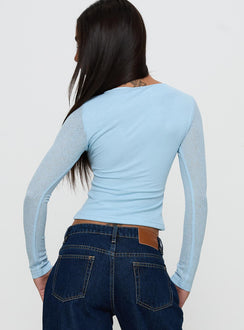 back view of model wearing Princess Polly This Fate Long Sleeve Ring Detail Top Blue Full Sleeves Scoop Neck 