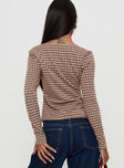 back view of model wearing Princess Polly Maemi Long Sleeve Tie Up Top Brown Check Full Sleeves Scoop Neck 