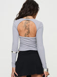 back view of model wearing Princess Polly Adella Long Sleeve Top Grey Full Sleeves Square Neck 