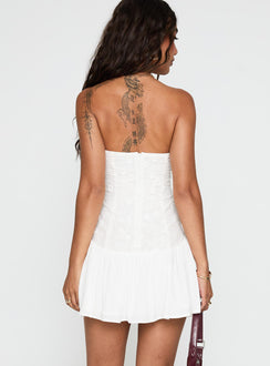 back view of model wearing Princess Polly Envie Strapless Mini Dress White Straight Neck 