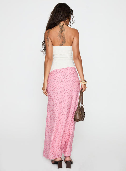 back view of model wearing Princess Polly Gorgina Tie Maxi Skirt Pink Multi Maxi 