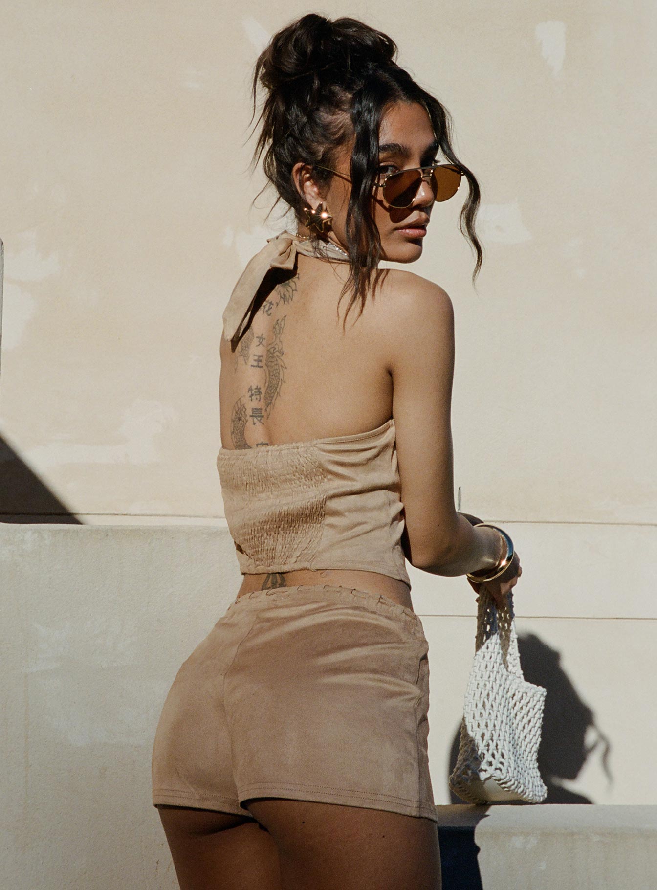 back view of model wearing Princess Polly Eternal Youth Faux Suede Top Taupe Sleeveless V-Neck 