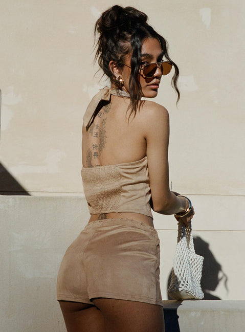 back view of model wearing Princess Polly Eternal Youth Faux Suede Top Taupe Sleeveless V-Neck 