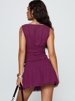 back view of model wearing Princess Polly I Belong Shirred Mini Skirt Wine Mini Skirts 