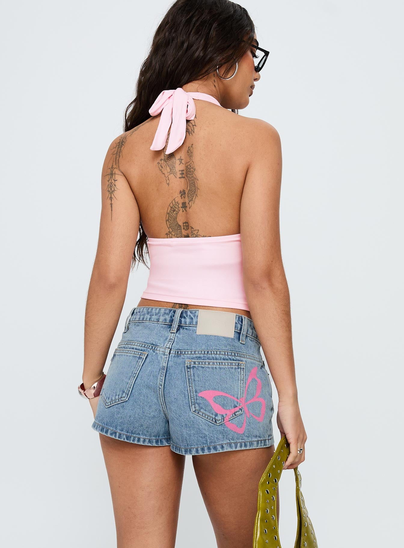 Fly Butterfly Mid Rise Denim Shorts Mid Blue Wash