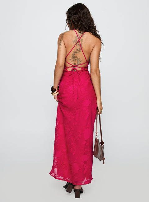 back view of model wearing Princess Polly Magnetic Halter Maxi Dress Hot Pink Crew Neck 