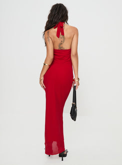 back view of model wearing Princess Polly Abriela Maxi Dress Red High Neck 
