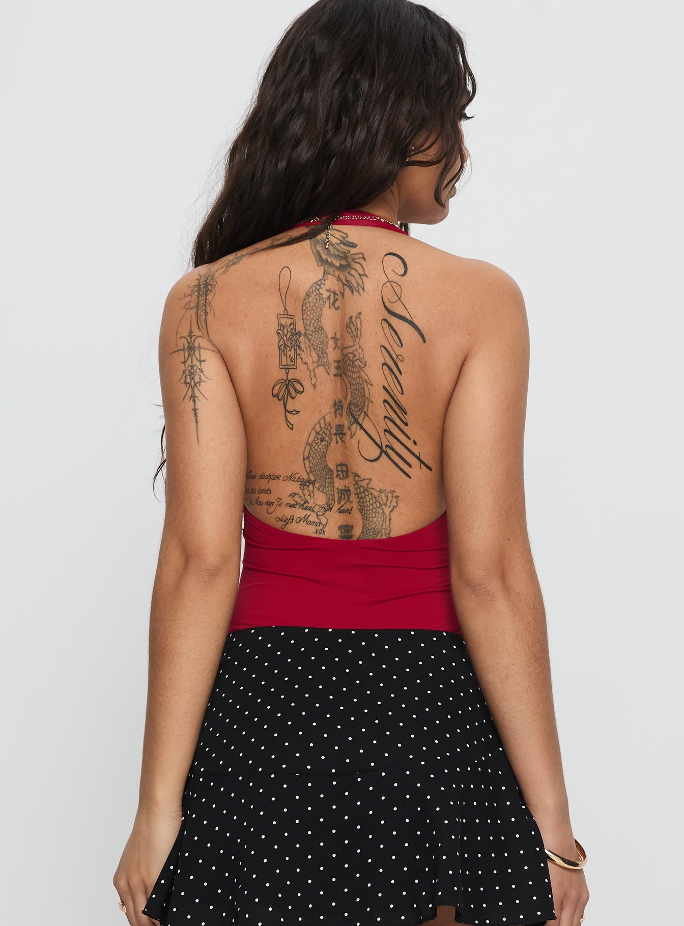 back view of model wearing Princess Polly Sugarberry Cut Out Bodysuit Red Sleeveless 