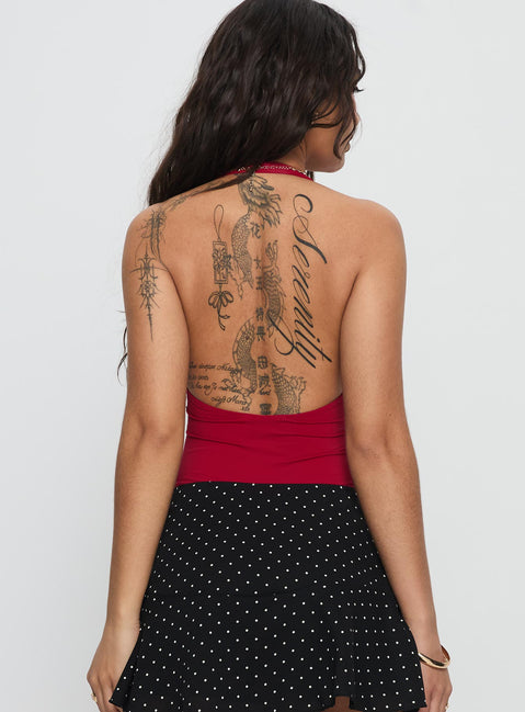 back view of model wearing Princess Polly Sugarberry Cut Out Bodysuit Red Sleeveless 