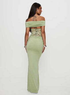 back view of model wearing Princess Polly Gwendolen Off The Shoulder Maxi Dress Green Straight Neck 