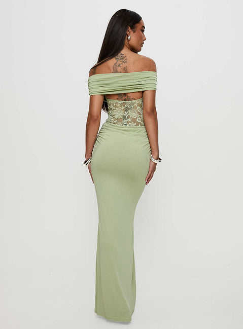 back view of model wearing Princess Polly Gwendolen Off The Shoulder Maxi Dress Green Straight Neck 