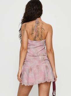 Zatana Halter Ruched Mini Dress Purple Multi