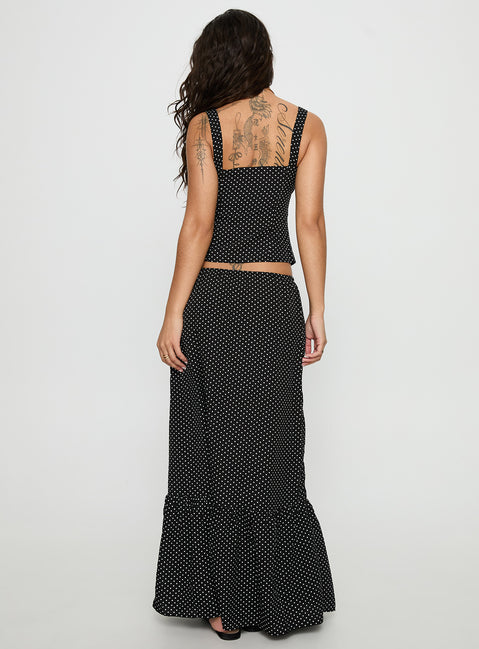 back view of model wearing Princess Polly Modern Girl Maxi Skirt Black / Polka Dot 