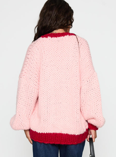 back view of model wearing Princess Polly Lester Knit Cardigan Pink / Red Long 