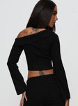 back view of model wearing Princess Polly Sina Off The Shoulder Top Black Full Sleeves Asymmetric Neckline 